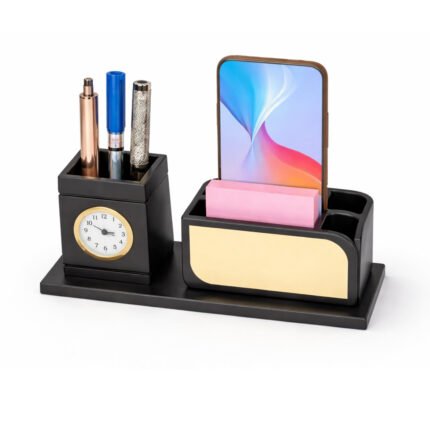 Black Wood Pen Stand with Phone Holder